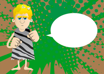 Cartoon prehistoric man holding his fists in front of him ready to fight. Vector illustration of a man from the stone age.
