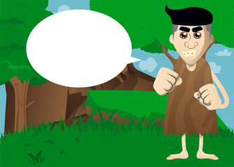 Cartoon prehistoric man holding his fists in front of him ready to fight. Vector illustration of a man from the stone age.
