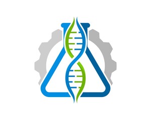 Triangle bottle laboratory with DNA symbol and gear