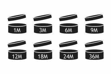 Pao cosmetic open jars line icons isolated on white. Expiration period months. Cosmetics symbol collection. Outline flat design.