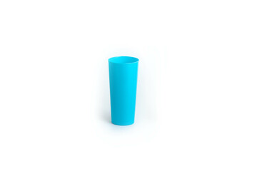 Blue plastic cup isolated on white background