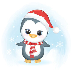 Cute penguin and snowflake in winter, Christmas illustration