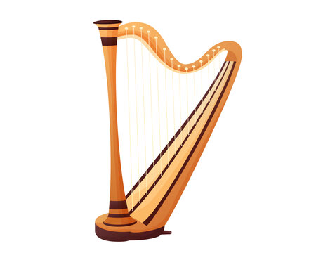 Vector illustration of a harp in cartoon style. Stringed musical instrument. Isolated on white background
