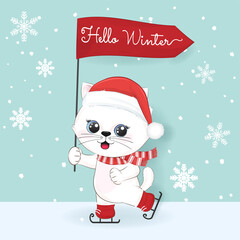 Cute cat and hello winter text, Winter and Christmas illustration.