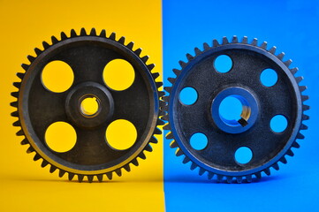 Metal gears connected to each other.