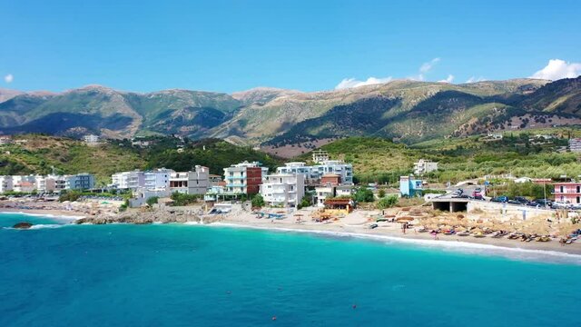 Birdseye view of Himara Beach and Adriatic Sea. Beautiful water Albania Riviera