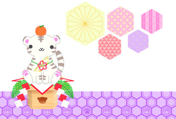 2022年賀状素材　肉球柄の紫のハニカムと吉祥和柄背景に日本の正月のお餅風の子とら