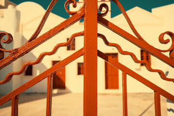 Doors and fences in Oia village on Santorini island Greece
