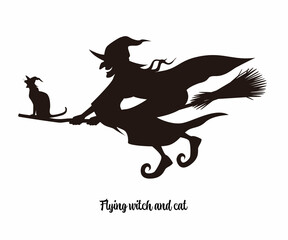 箒で空を飛ぶ魔女のシルエットイラストカット  ベクター ハロウィン 黒猫