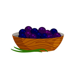 Acai berries in plate. Black fruit. Detox and antioxidant. Healthy diet and super food in bowl. Flat cartoon illustration isolated on white