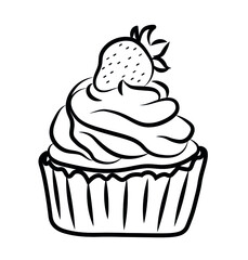 Vector cupcake with strawberry hand drawn design. Doodle cupcake with cream isolated on white background. Sweet dessert in vintage style. Great for print, coloring, logo for business or personal proje