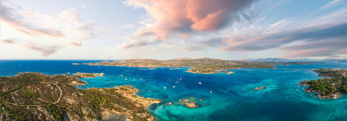 View from above, stunning panoramic view of La Maddalena Archipelago with its turquoise, crystal...