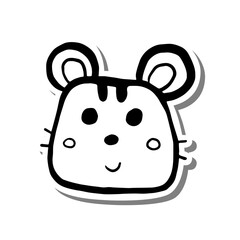 Black line cute cartoon tiger face. Doodle on white silhouette and gray shadow. Vector illustration for decorate, coloring and any design.