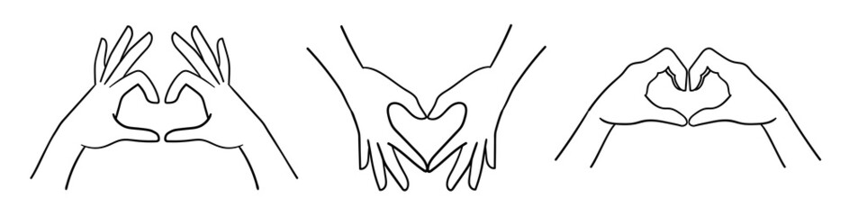 Hand sketch shows heart shape gesture, hand drawing line art illustration. Modern logo, graphic design isolated on white background. People body language concept denoting love