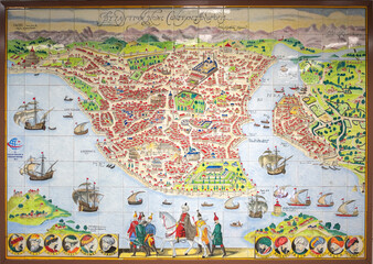 Old Istanbul map engraved on tiles with miniature technique on the wall of the metro station - obrazy, fototapety, plakaty