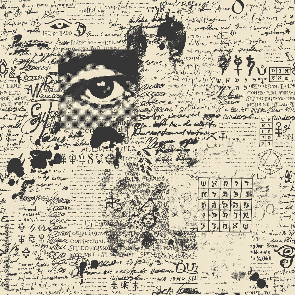 Poster abstract seamless pattern with fragments of handwritten text lorem ipsum, typescript, scribbles, blo