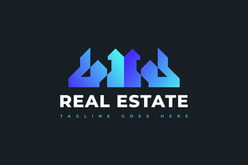 Blue Real Estate Logo Design with Abstract and Futuristic Concept. Construction, Architecture or Building Logo Design Template