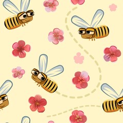 Funny cartoon bees fly among pink and red flowers. Collect pollen to make honey. Seamless pattern. Natural landscape with insects. Vector