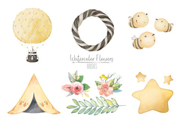 ILLUSTRATION WATERCOLOR BALLOON ,  BEE ,  STAR , TENT , LEAF AND NATURAL WILD HAND DRAWN SET