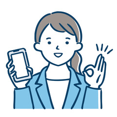 携帯を持ったビジネスウーマン／okサイン