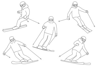 Illustration set of skier (line art, white background, vector, cut out)