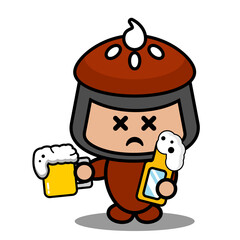 vector cartoon character doodle cake pie cute mascot costume holding and drinking beer