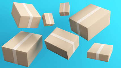 Bulk parcel boxes on a blue background,parcel delivery,3d rendering