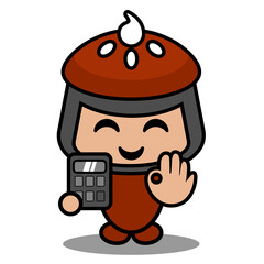 vector cartoon cute mascot costume doodle cake pie character holding calculator with thumbs up