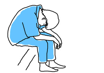 ベッドに座ってうなだれる男性の線画イラスト