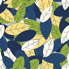 Seamless pattern of blue and green leaves . Strict flat design. Random, chaotic arrangement. Natural eco motive. Printing on fabric, wrapping paper. Vector illustration