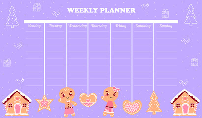 Colourful printable weekly planner for kids with gingerbread characters and cookies in cartoon style