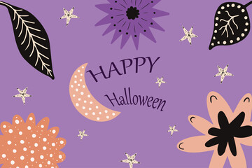 Halloween festive background with abstract plant, flower star and moon