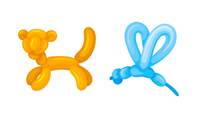 Cute tiger, dragonfly animals made from inflatable balloons set cartoon vector illustration
