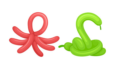 Cute octopus, swan animals made from inflatable balloons set cartoon vector illustration