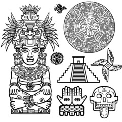 Set of graphic elements based on motives of art Native American Indian. Monochrome linear drawing isolated on a white background. Vector illustration.