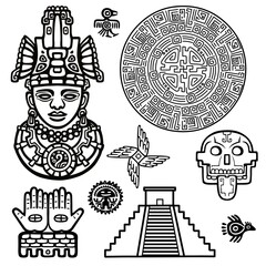 Set of graphic elements based on motives of art Native American Indian. Monochrome linear drawing isolated on a white background. Vector illustration.