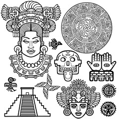 Set of graphic elements based on motives of art Native American Indian. Monochrome linear drawing isolated on a white background. Vector illustration.