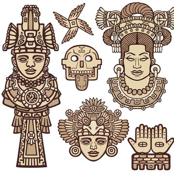 Set of graphic elements based on motives of art Native American Indian.  Animation stylized images of ancient gods, idols, leaders. Color drawing isolated on a white background. Vector illustration.