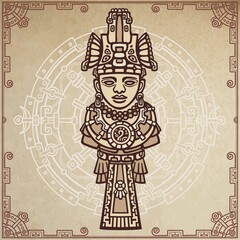 Linear drawing: decorative image of an ancient Indian deity. Magic circle. A background - imitation of old paper.