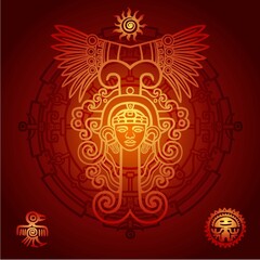 Linear drawing: decorative image of an ancient Indian deity. Mystical circle. Symbols of the sun, bird, person. Vector illustration.