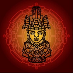 Linear drawing: decorative image of an ancient Indian deity. Mystical circle. Vector illustration.