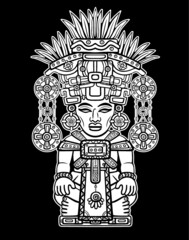 Linear drawing: decorative image of an Indian deity. Motives of art of Indians Maya. Isolated a white silhouette on a black background. Vector illustration.