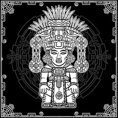 Linear drawing: decorative image of an ancient Indian deity. Magic circle. Black and white vector illustration.