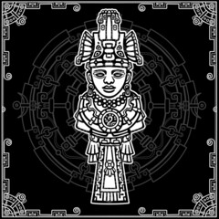Linear drawing: decorative image of an ancient Indian deity. Magic circle. Black and white vector illustration.