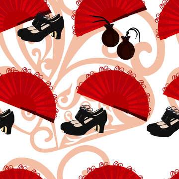 Flamenco pattern. Castanets, shoes, a weather vane. Spanish traditional music. Isolated black silhouettes on a white background. For wrapping paper. Ideal for wallpaper, surface textures, textiles.