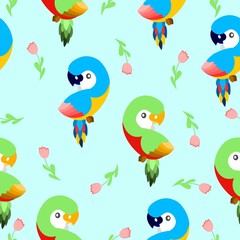 Seamless pattern with ara parrots and pink tulips. Blue, yellow, green, pink, red. Blue background. Cartoon style. Cute and funny. For kids post cards, stationery, wallpaper, textile, wrapping paper