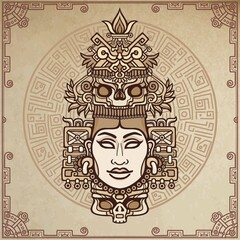 Animation portrait of the pagan goddess  based on motives of art Native American Indian.  Color decorative drawing. Vector illustration. Background - imitation of old paper, a magic circle.