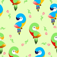 Seamless pattern with ara parrots and pink tulips. Blue, yellow, green, pink, red. Yellow background. Cartoon style. Cute and funny. For kids post cards, stationery, wallpaper, textile, wrapping paper