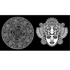 Linear drawing: decorative image of an ancient Indian deity. Magic circle. Vector illustration: the white silhouette isolated on a black background.