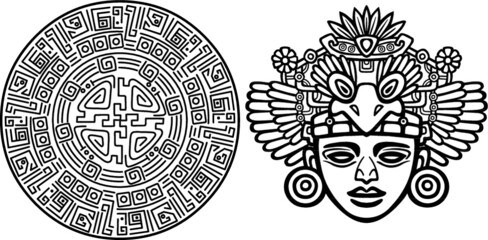 Linear drawing: decorative image of an ancient Indian deity. Magic circle. Vector illustration: the black silhouette isolated on a white background. - obrazy, fototapety, plakaty